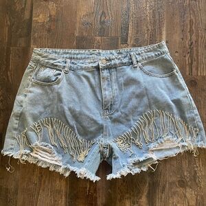 Distressed Denim Shorts with Beaded Fringe